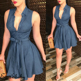 Womens Dress Sexy Large V Neck Sleeveless Club Party Denim Jeans Bandage Bodycon Mini Dress