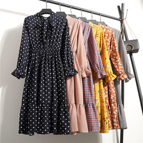 Casual Chiffon Shirt Dress Office Plaid Vintage Dresses Women Polka Dot Dress 2019 Spring Autumn Red Floral Midi Vestidos Female