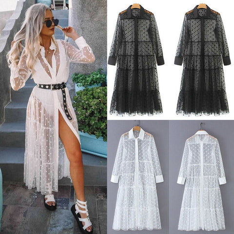 Women Mesh Sheer Transparent Polka Dot Lace Cover up V Neck Button Down Maxi Dress See-through Party Clubwear Beach Dress