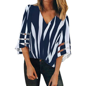 Women Striped Blouse Shirt Half Sleeve Blouse V-neck Shirts Casual Tops Blouse et Chemisier Femme Blusas Mujer de Moda 2019