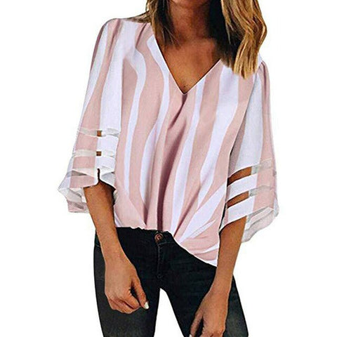 Women Striped Blouse Shirt Half Sleeve Blouse V-neck Shirts Casual Tops Blouse et Chemisier Femme Blusas Mujer de Moda 2019