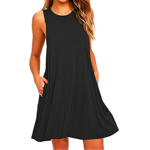 Summer Cotton Dress Women Sleeveless Beach Black Dress Casual  Pocket Loose Dress Female Plus Size Dress Fashion Clothing