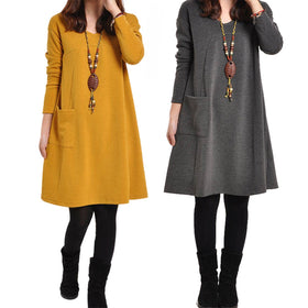 New Fashion Women Dresses With Pocket Solid Color Long Sleeve V Neck Loose Casual Autumn Winter Dress Plus Size PO66