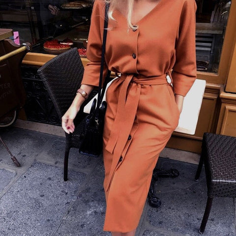 Women Vintage Back Button Sashes A-line Party Dress Long Sleeve Sexy V necK Solid Casual Elegant Mid Dress 2019 Winter New Dress