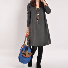 New Fashion Women Dresses With Pocket Solid Color Long Sleeve V Neck Loose Casual Autumn Winter Dress Plus Size PO66