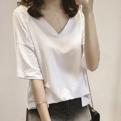 Plus Size Blouse Women Korean Solid White Loose V-Neck Short Sleeve Ladies Shirt Blouse Casual Tops Blouse et Chemisier Femme