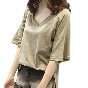 Plus Size Blouse Women Korean Solid White Loose V-Neck Short Sleeve Ladies Shirt Blouse Casual Tops Blouse et Chemisier Femme