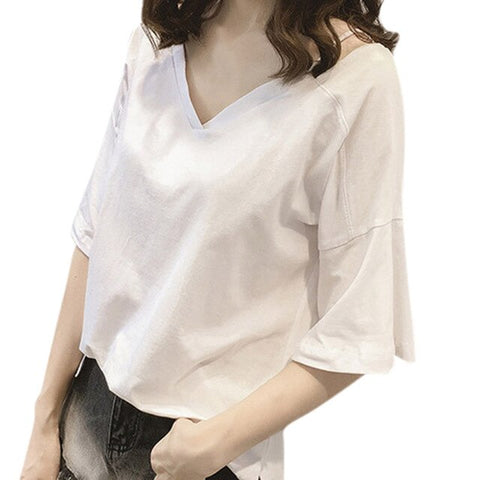 Plus Size Blouse Women Korean Solid White Loose V-Neck Short Sleeve Ladies Shirt Blouse Casual Tops Blouse et Chemisier Femme