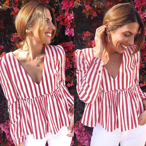 2019 Women Striped Blouse Shirt Long Sleeve Blouse V-neck Shirts Casual Tops Blouse et Chemisier Femme Blusas Mujer de Moda #P3