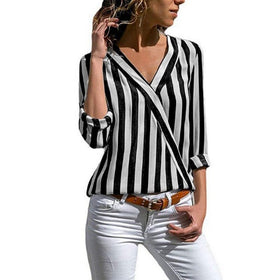 ROPALIA Women Striped Blouse Shirt Long Sleeve Blouse V-neck Shirts Casual Tops Blouse et Chemisier Femme Blusas Mujer de Moda