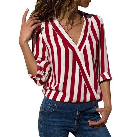 ROPALIA Women Striped Blouse Shirt Long Sleeve Blouse V-neck Shirts Casual Tops Blouse et Chemisier Femme Blusas Mujer de Moda