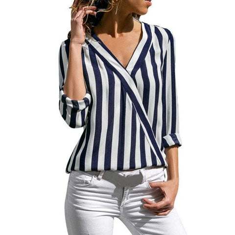 ROPALIA Women Striped Blouse Shirt Long Sleeve Blouse V-neck Shirts Casual Tops Blouse et Chemisier Femme Blusas Mujer de Moda