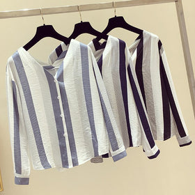 Women Striped Blouse Shirt Long Sleeve Blouse V-neck Shirts Casual Tops Blouse et Chemisier Femme Blusas Mujer de Moda 2019 New