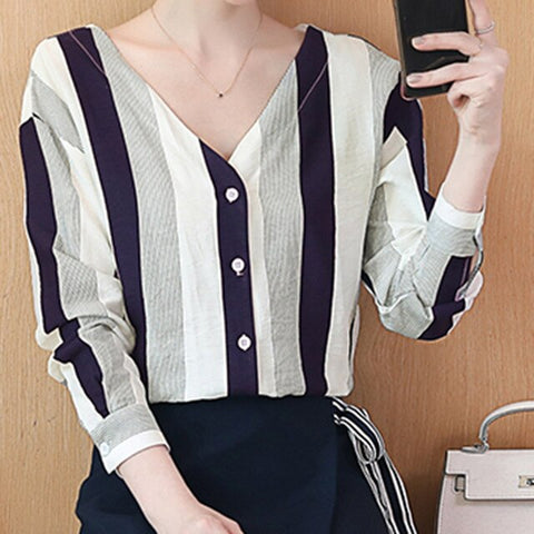 Women Striped Blouse Shirt Long Sleeve Blouse V-neck Shirts Casual Tops Blouse et Chemisier Femme Blusas Mujer de Moda 2019 New