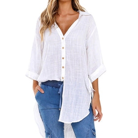 Women Solid Shirt Blouse Turn Down Collar Button  Shirts Casual Tops Blouse et Chemisier Femme Blusas Mujer de Moda 5XL z0702