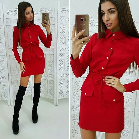 Women Casual Sashes Button Sheath Dress Turn Down Collar Long Sleeve Solid Dress 2019 Autumn Fashion Vintage Elegant Mini Dress