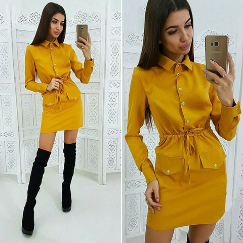 Women Casual Sashes Button Sheath Dress Turn Down Collar Long Sleeve Solid Dress 2019 Autumn Fashion Vintage Elegant Mini Dress