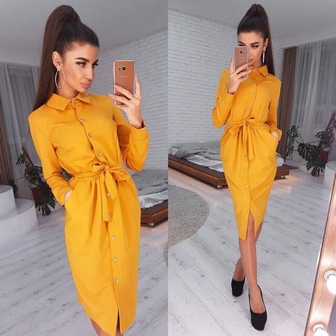 Office Lady Casual Sashes Straight Dress Long Sleeve Turn Down Collar Solid Elegant 2019 New Fashion Vintage Midi Dress