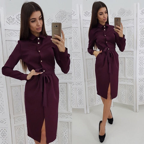 Office Lady Casual Sashes Straight Dress Long Sleeve Turn Down Collar Solid Elegant 2019 New Fashion Vintage Midi Dress