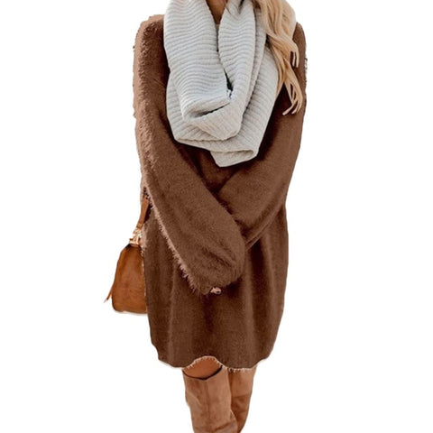 Chic Women Autumn Solid Color O Neck Sweater Fluffy Loose Knee-length Dress