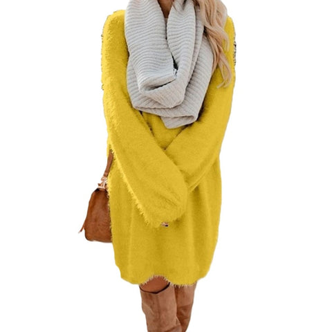 Chic Women Autumn Solid Color O Neck Sweater Fluffy Loose Knee-length Dress