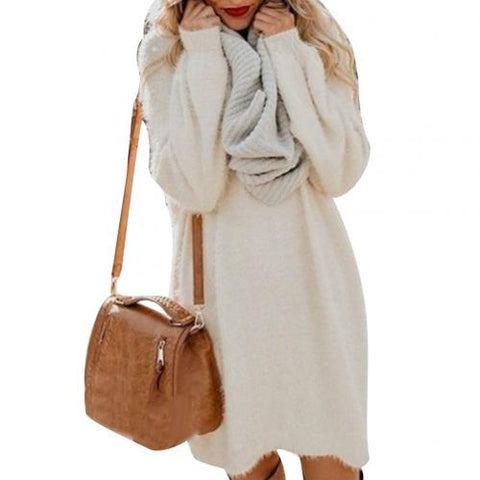 Chic Women Autumn Solid Color O Neck Sweater Fluffy Loose Knee-length Dress