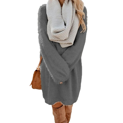 Chic Women Autumn Solid Color O Neck Sweater Fluffy Loose Knee-length Dress