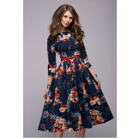 Women casual knee-length dress 2019 new arrival long sleeve printing summer dress for offical lady Women loose vestidos