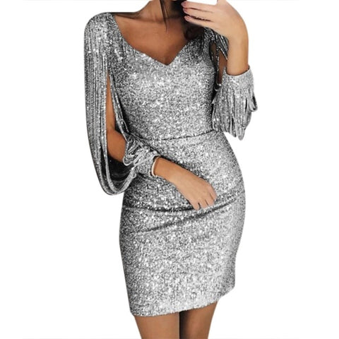 New Fashion Sexy Women V Ncek Solid Tassel Sequined Glitter Stitching Shining Club Sheath Long Sleeved Mini Dress For Female