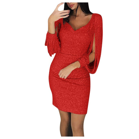 New Fashion Sexy Women V Ncek Solid Tassel Sequined Glitter Stitching Shining Club Sheath Long Sleeved Mini Dress For Female