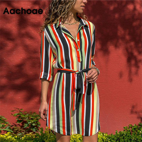 Long Sleeve Shirt Dress 2019 Summer Boho Beach Dresses Women Casual Striped Print A-line Mini Party Dress Vestidos