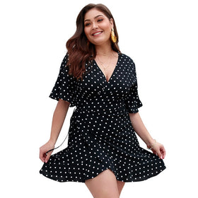 Polka Dot Print Wrap Dress Women Spring Summer Butterfly Short Sleeve V-Neck Sexy Dress Ladies Lace Up Plus Size Dresses