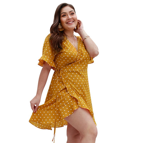 Polka Dot Print Wrap Dress Women Spring Summer Butterfly Short Sleeve V-Neck Sexy Dress Ladies Lace Up Plus Size Dresses