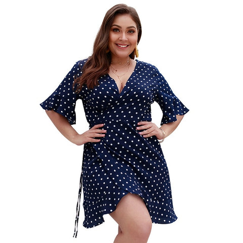Polka Dot Print Wrap Dress Women Spring Summer Butterfly Short Sleeve V-Neck Sexy Dress Ladies Lace Up Plus Size Dresses