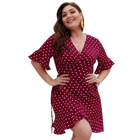 Polka Dot Print Wrap Dress Women Spring Summer Butterfly Short Sleeve V-Neck Sexy Dress Ladies Lace Up Plus Size Dresses