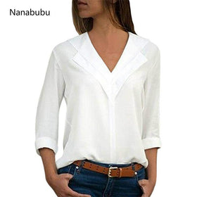 Nanabubu Women Solid Blouse Shirt Long Sleeve Blouse V-neck Shirts Casual Tops Blouse Et Chemisier Femme Blusas Mujer De Moda