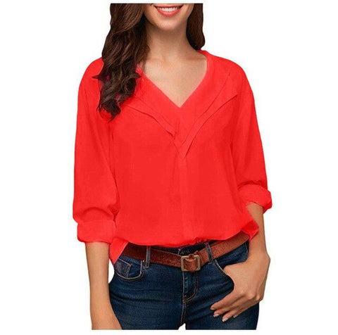 Nanabubu Women Solid Blouse Shirt Long Sleeve Blouse V-neck Shirts Casual Tops Blouse Et Chemisier Femme Blusas Mujer De Moda