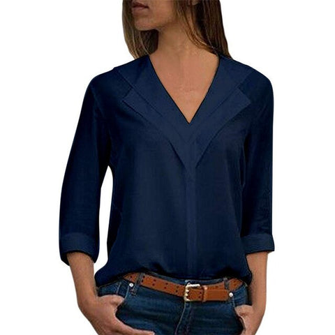 Nanabubu Women Solid Blouse Shirt Long Sleeve Blouse V-neck Shirts Casual Tops Blouse Et Chemisier Femme Blusas Mujer De Moda