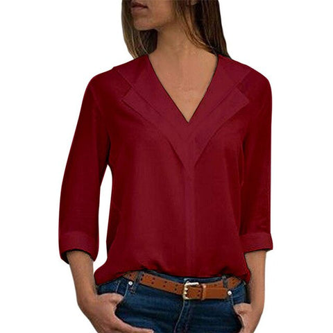 Nanabubu Women Solid Blouse Shirt Long Sleeve Blouse V-neck Shirts Casual Tops Blouse Et Chemisier Femme Blusas Mujer De Moda