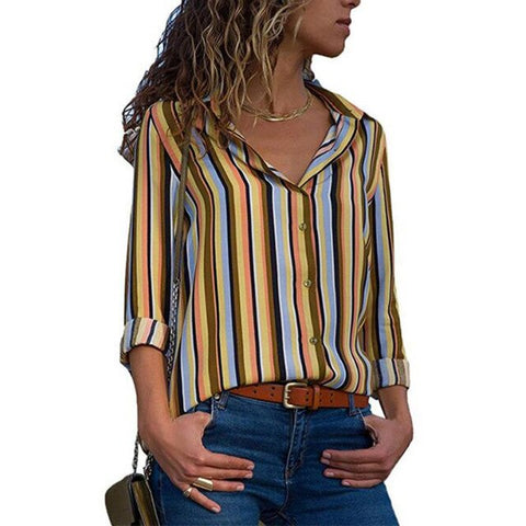 Women Striped Blouses Long Sleeve Chiffon Blouse Turn Down Collar Lady Office Shirt Casual Tops Blusas Blouse et Chemisier Femme