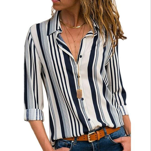 Women Striped Blouses Long Sleeve Chiffon Blouse Turn Down Collar Lady Office Shirt Casual Tops Blusas Blouse et Chemisier Femme