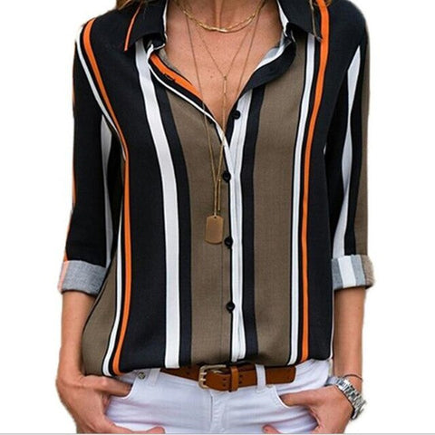 Women Striped Blouses Long Sleeve Chiffon Blouse Turn Down Collar Lady Office Shirt Casual Tops Blusas Blouse et Chemisier Femme