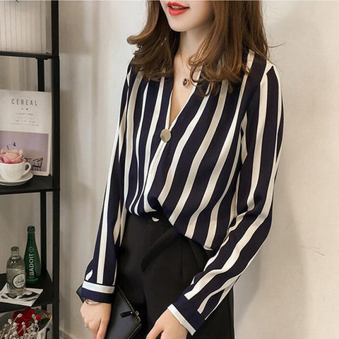Women Striped Blouse Shirt Long Sleeve Blouse V-neck Shirts Casual Tops Blouse et Chemisier Femme Blusas Mujer de Moda 2019