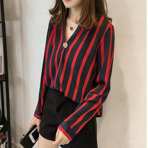 Women Striped Blouse Shirt Long Sleeve Blouse V-neck Shirts Casual Tops Blouse et Chemisier Femme Blusas Mujer de Moda 2019