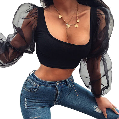 Plus Size 2019 tops and blouse shirt Puff Sleeve Mesh Long Sleeve Blouse Party Tops femme grande taille et chemisier femme