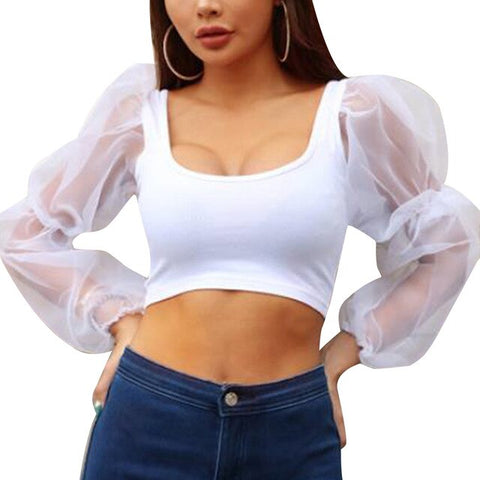 Plus Size 2019 tops and blouse shirt Puff Sleeve Mesh Long Sleeve Blouse Party Tops femme grande taille et chemisier femme