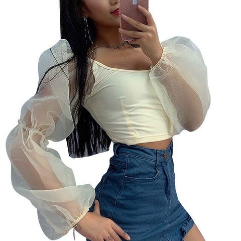 Plus Size 2019 tops and blouse shirt Puff Sleeve Mesh Long Sleeve Blouse Party Tops femme grande taille et chemisier femme