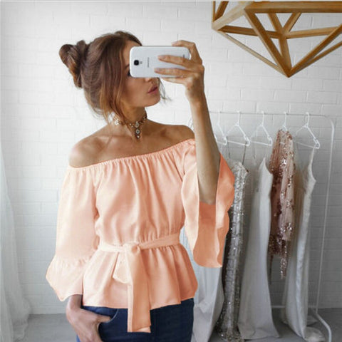 Sexy Flare Sleeve Blouse Summer Off Shoulder Shirts Et Chemisier Femme Fashion Chiffon Top Pink Elegant Sweet Girls Loose Solid