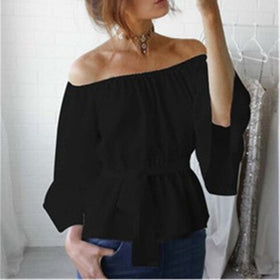 Sexy Flare Sleeve Blouse Summer Off Shoulder Shirts Et Chemisier Femme Fashion Chiffon Top Pink Elegant Sweet Girls Loose Solid