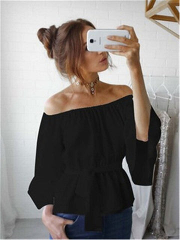 Sexy Flare Sleeve Blouse Summer Off Shoulder Shirts Et Chemisier Femme Fashion Chiffon Top Pink Elegant Sweet Girls Loose Solid